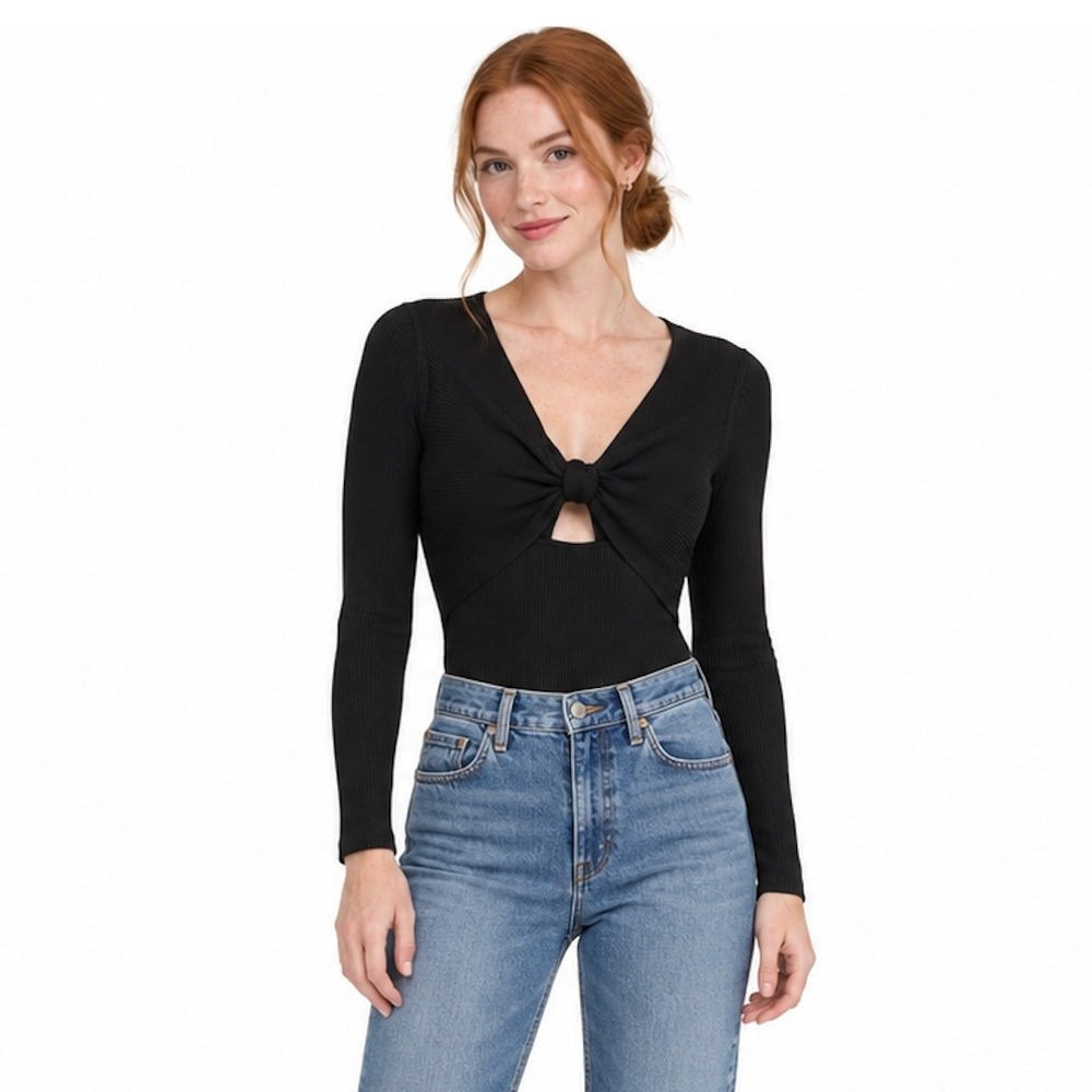 NEW House of Harlow 1960 Black Ribbed Twist Front Long Sleeve Bodysuit MEDIUM